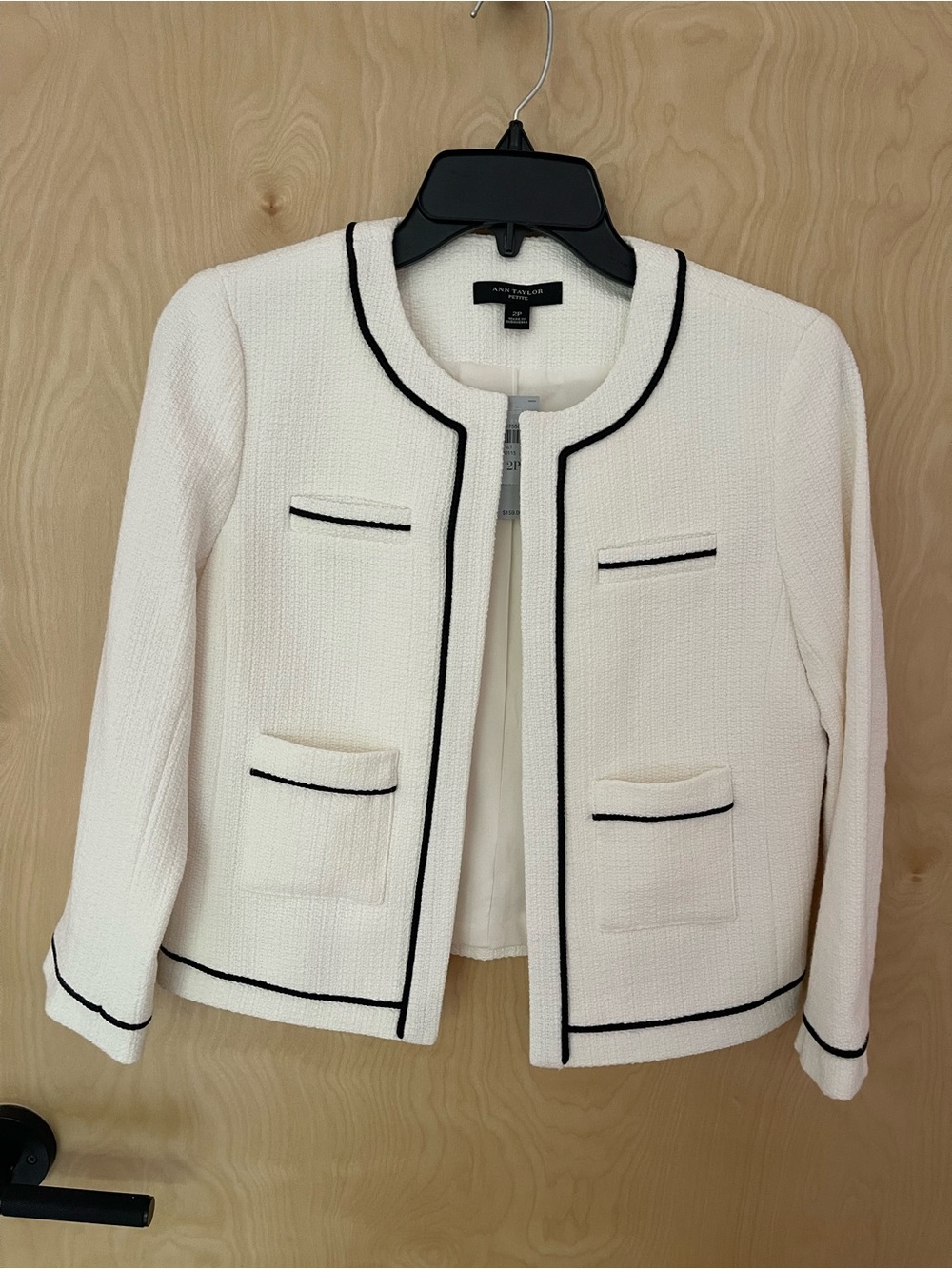 Ann Taylor Cream Tweed Jacket with Black Trim